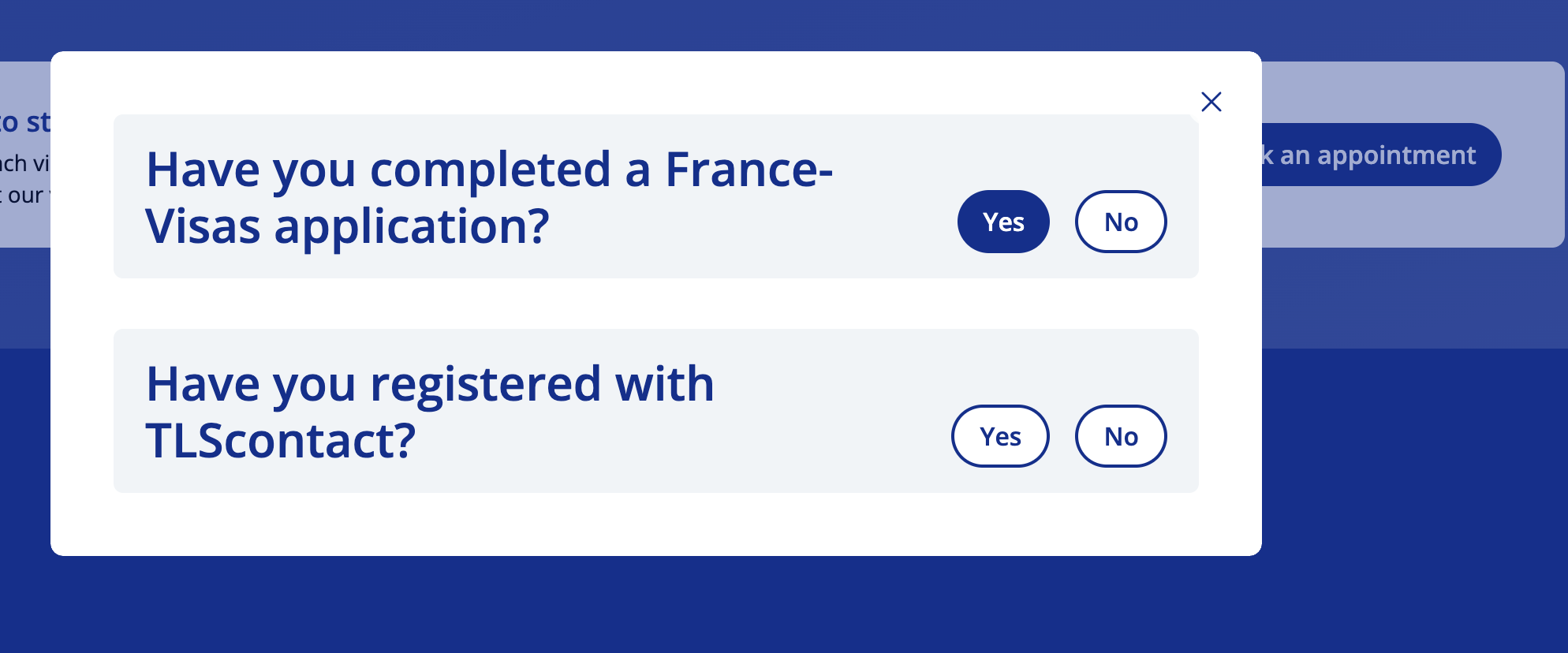 Screenshot showing the 'Book an appointment' button and login/register prompt on TLSContact US