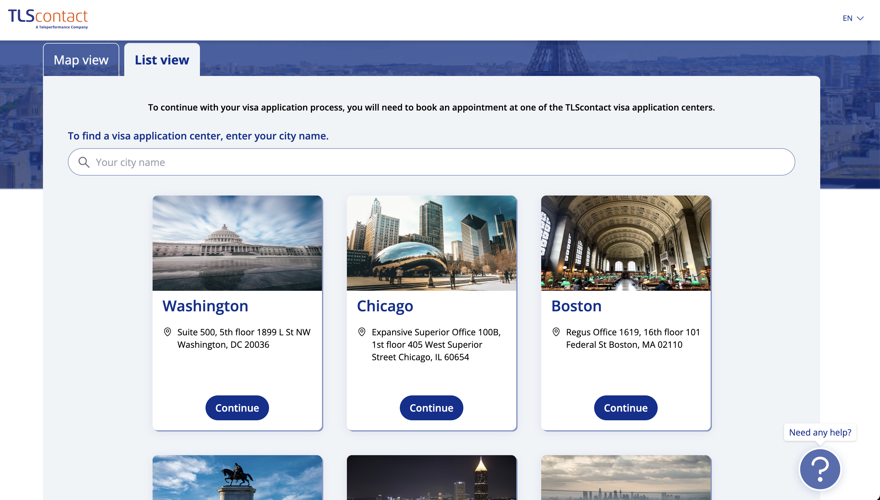 Screenshot of TLSContact US city selection page